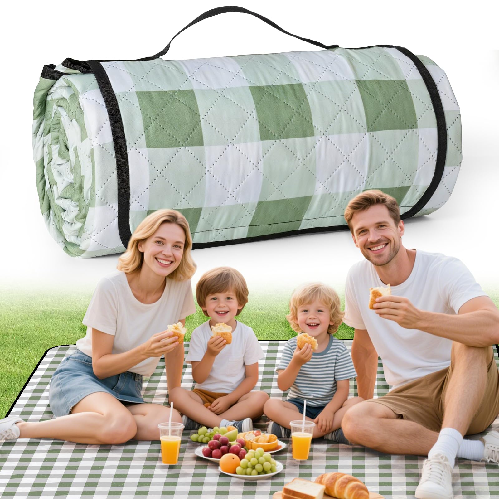 Ergohortus Picnic Blanket Waterproof, Extra Large Picnic Mat 200x200cm, Sandproof Washable Camping Beach Blanket, Camping Accessories for Outdoor Activities, Green