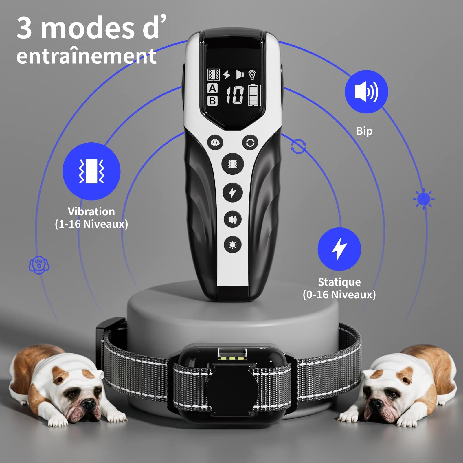 Collier Dressage Chien avec Télécommande-Le Plus Petit et Le Plus Léger Collier de Dressage Chien，Conçu pour Les Chiots，3 Modes : Voix, Vibration, Stimulation，Étanche IPX7，Rechargeable，Blanche