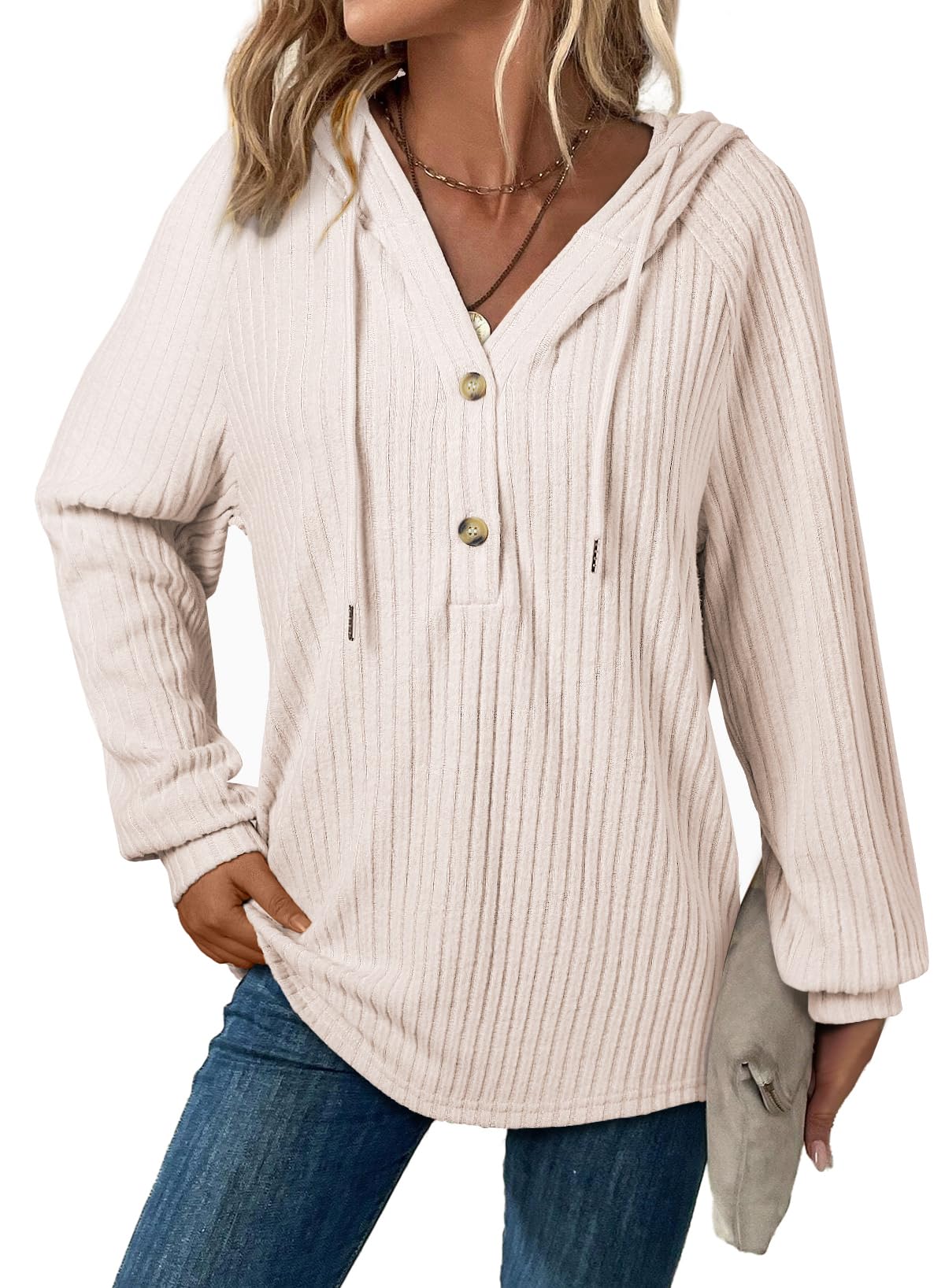 SHEWIN Sweaters for Women Causal V Neck Hooded Sweater Lightweight Knit Long Sleeve Fall Tops