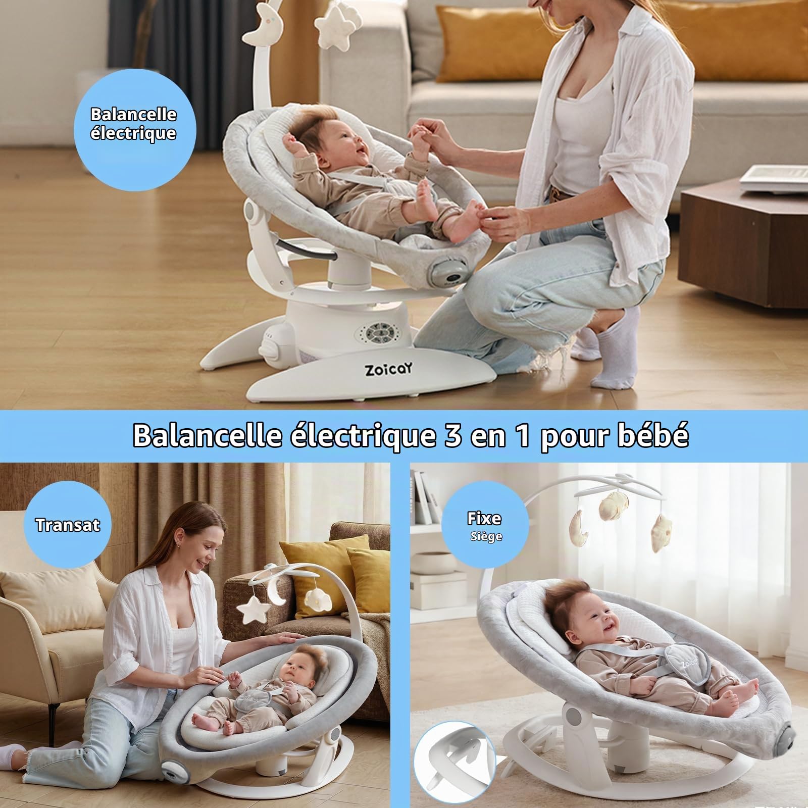 Balancelle Bébé Electrique 3-in-1 avec 9 Modes pour 0–9 mois, Jusqu'à 11 Kg | Transat Balancelle avec Siège Réglable Fonction de Timing et Musique, Télécommande Bluetooth contrôle pour Intérieure (Blanc)