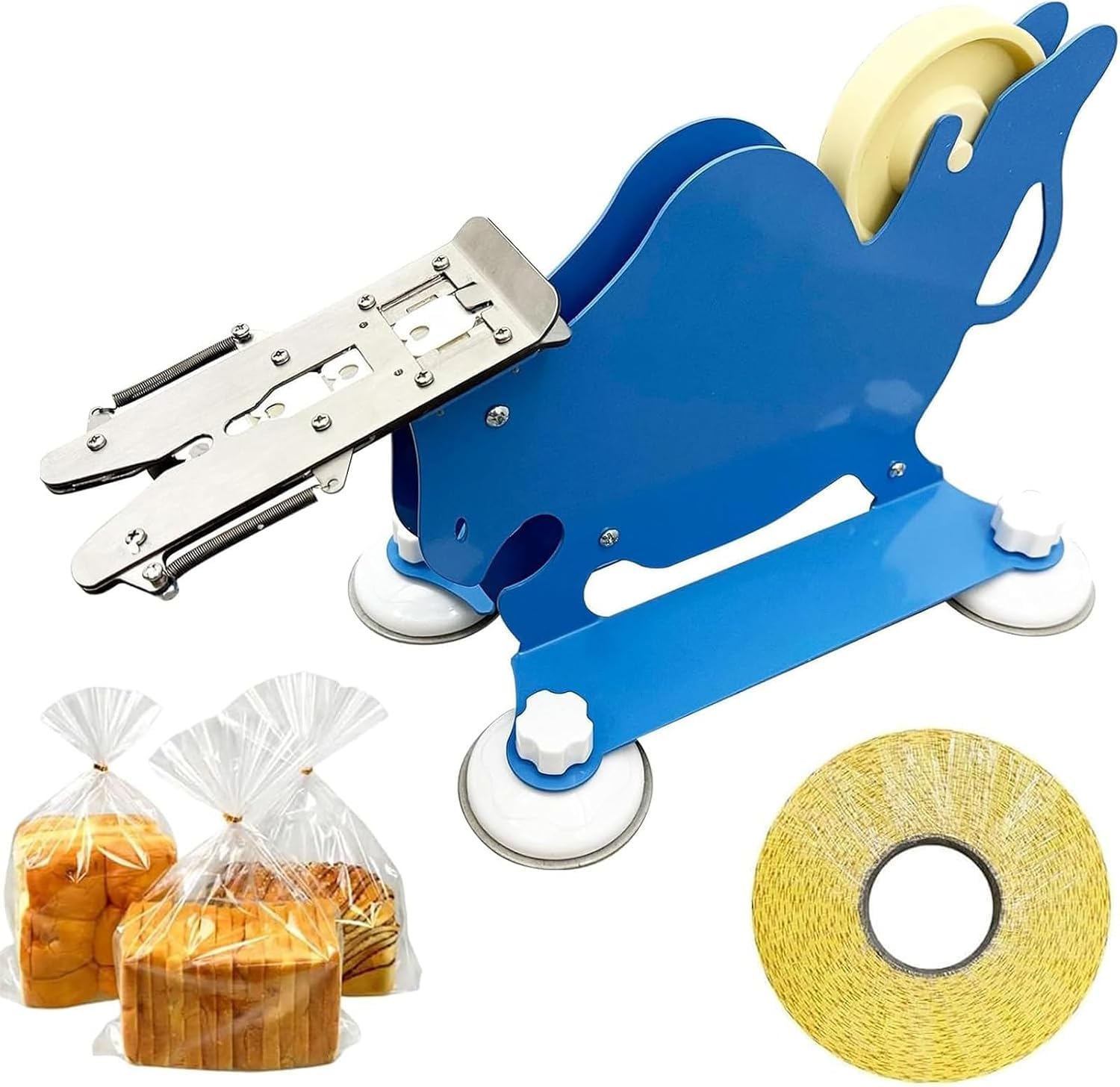 Máquina manual para sellar bolsas de pan, empacadora con cierre de acero inoxidable, con clips y 4 ventosas, para envasado de galletas, dulces y productos de panadería.
