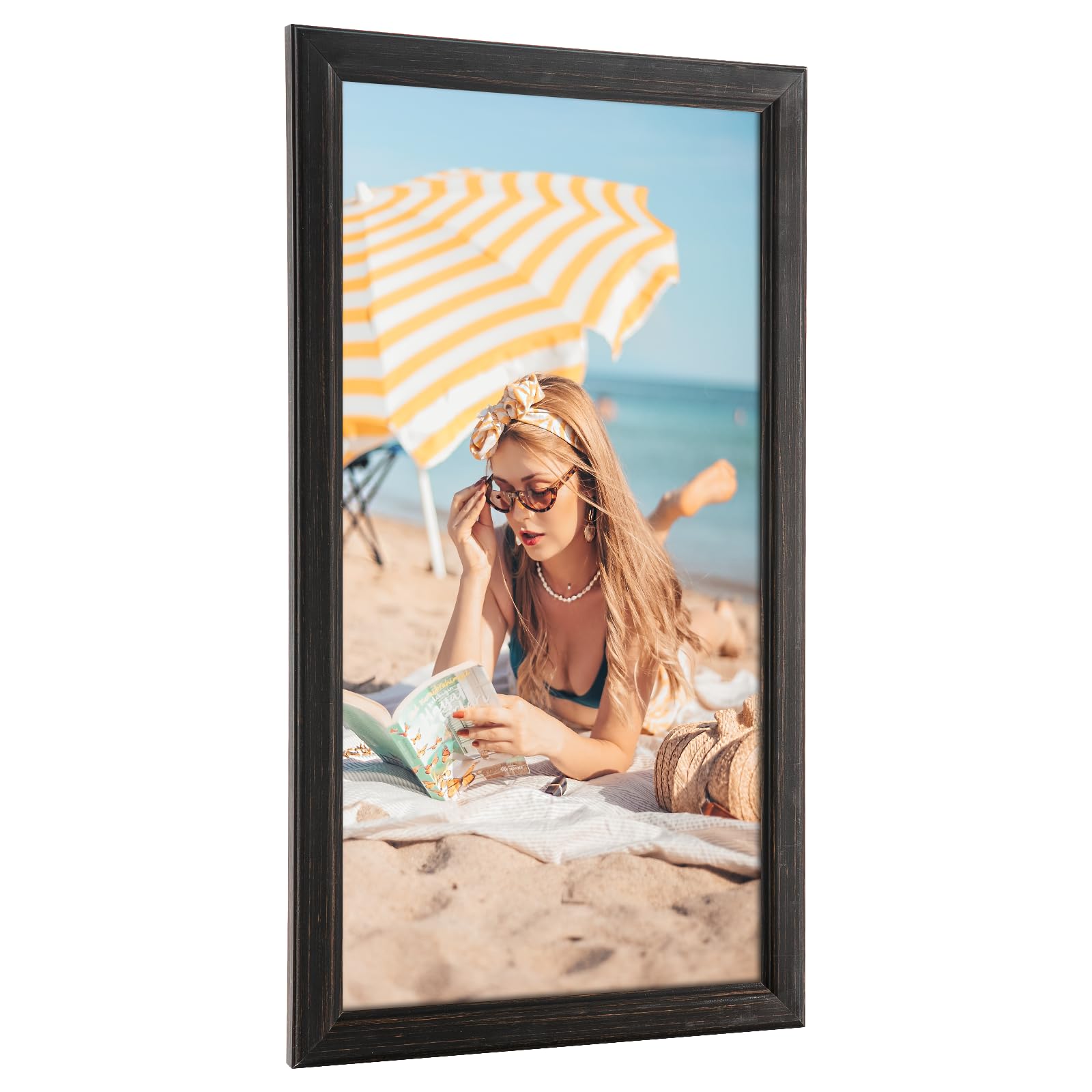 20x40 inches Wood Frame Black, Rustic Natural Wooden 40x20in Poster Picture Frame, Distressed 20 x 40inch Woodgrain Gallery Photo Frame with HD Plexiglass, Horizontal Vertical Wall Mounting Display 1pcs
