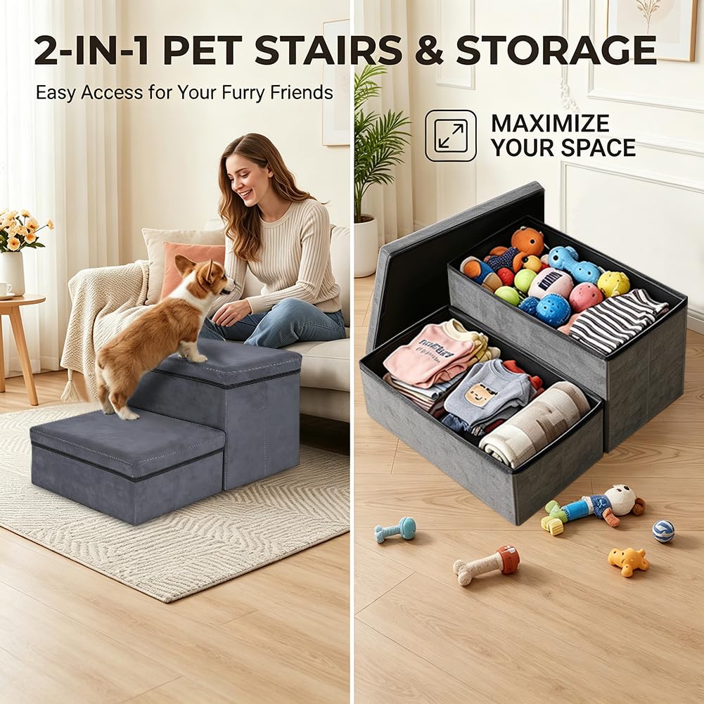 Scale per animali domestici, gradini per scale, con vano portaoggetti, pieghevole, portata massima 50 kg, scala per animali domestici per letto e divano (2 livelli)