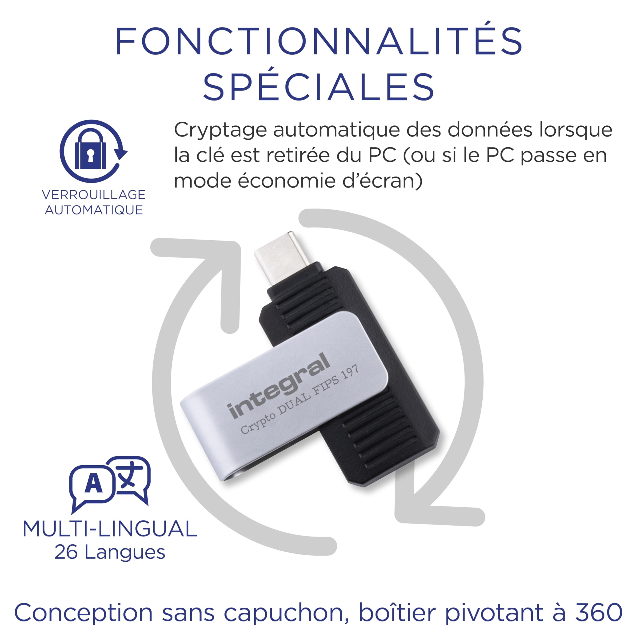 Integral 64GB Crypto-C Dual Clé USB Flash Cryptée, Chiffrement Matériel  AES-XTS 256-Bit USB 3.2 avec Double Mot de Passe Sécurisé, Certifiée FIPS  197 ...