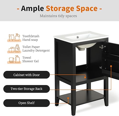 Miniatura 6 de Merax, Gabinete de tocador de baño verde de 20 pulgadas con juego de encimera de fregadero de cerámica, independiente, estante de almacenamiento de