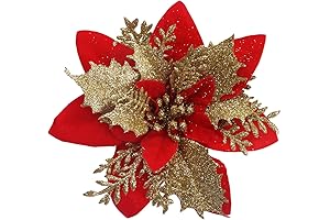 YYCRAFT 12pcs Silk Shinning Sprakled Glitter Poinsettia Artificial Flower for Xmas Tree Christmas Decorations