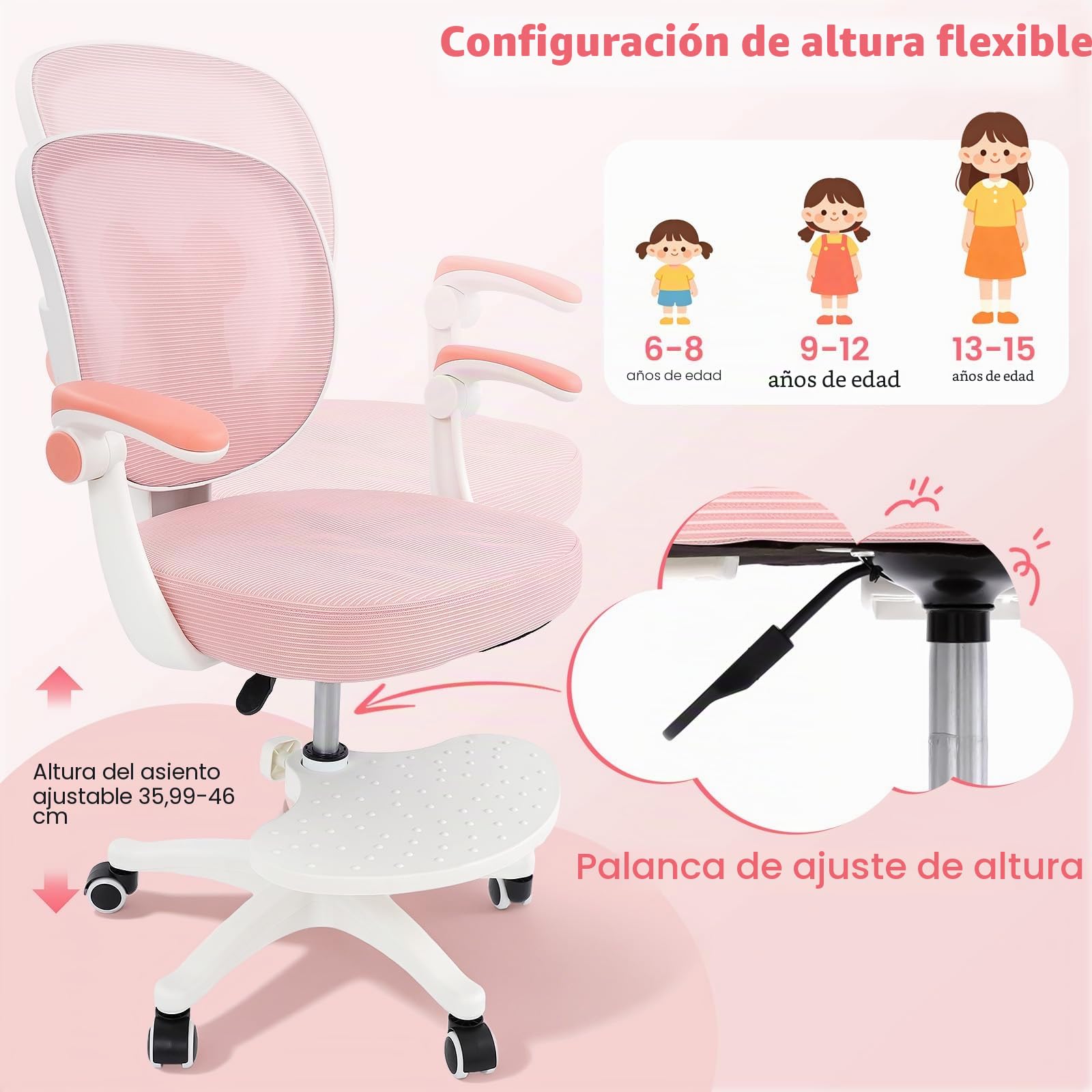 Silla de escritorio infantil giratoria de 360°, altura del asiento de 36 a 46 cm, altura regulable, silla ergonómica de oficina con ruedas, silla juvenil con respaldo y reposabrazos