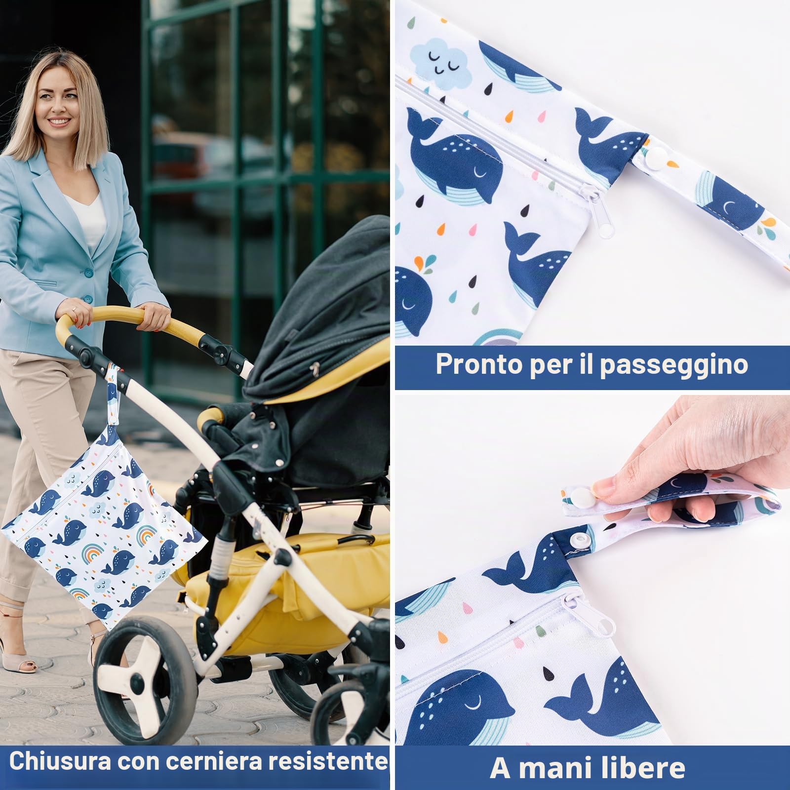 Wetbag per asilo borsa pannolini bagnata asciutta con chiusura lampo 3 pezzi