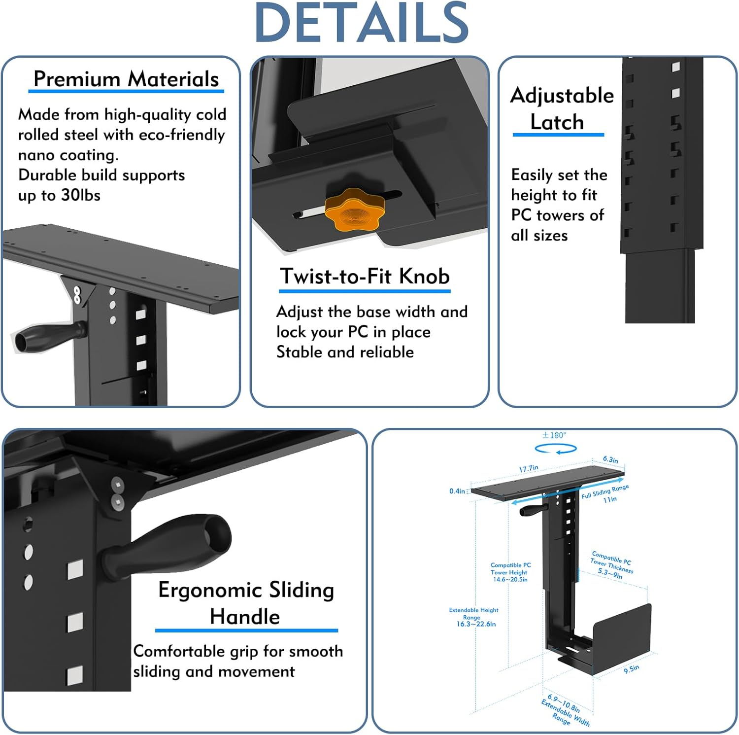 Under Desk PC Mount with Sliding Rail, 55 lbs Load Capacity, Height and Width Adjustable CPU Holder with 360° Swivel, Computer Case CPU Machine Holder Stand with Swivel and Secure Locking