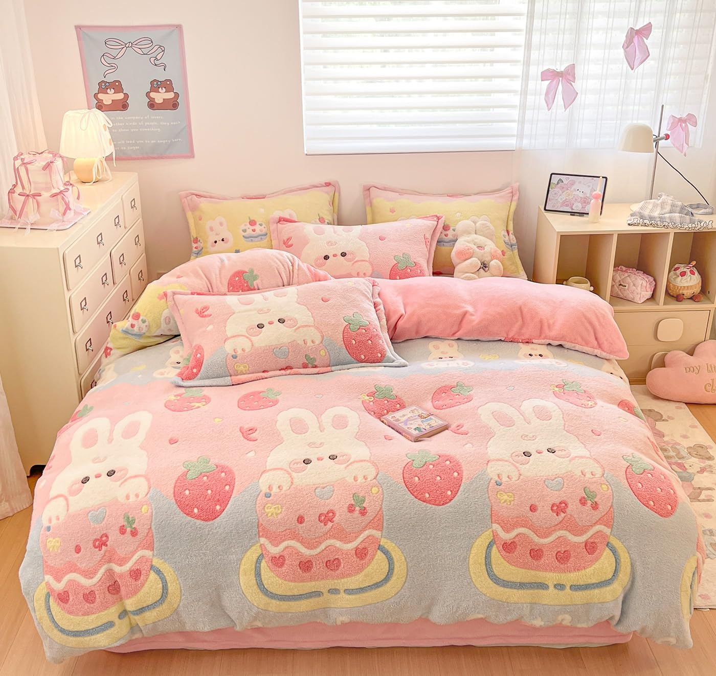 LMONMOO Twin Bedding Sets, Cute Bunny Pink Duvet Cover Set, Kawaii Cream Cake Fluffy Comforter Covers Ultra Soft for Girls Kids Women Teen(Cake, Twin)