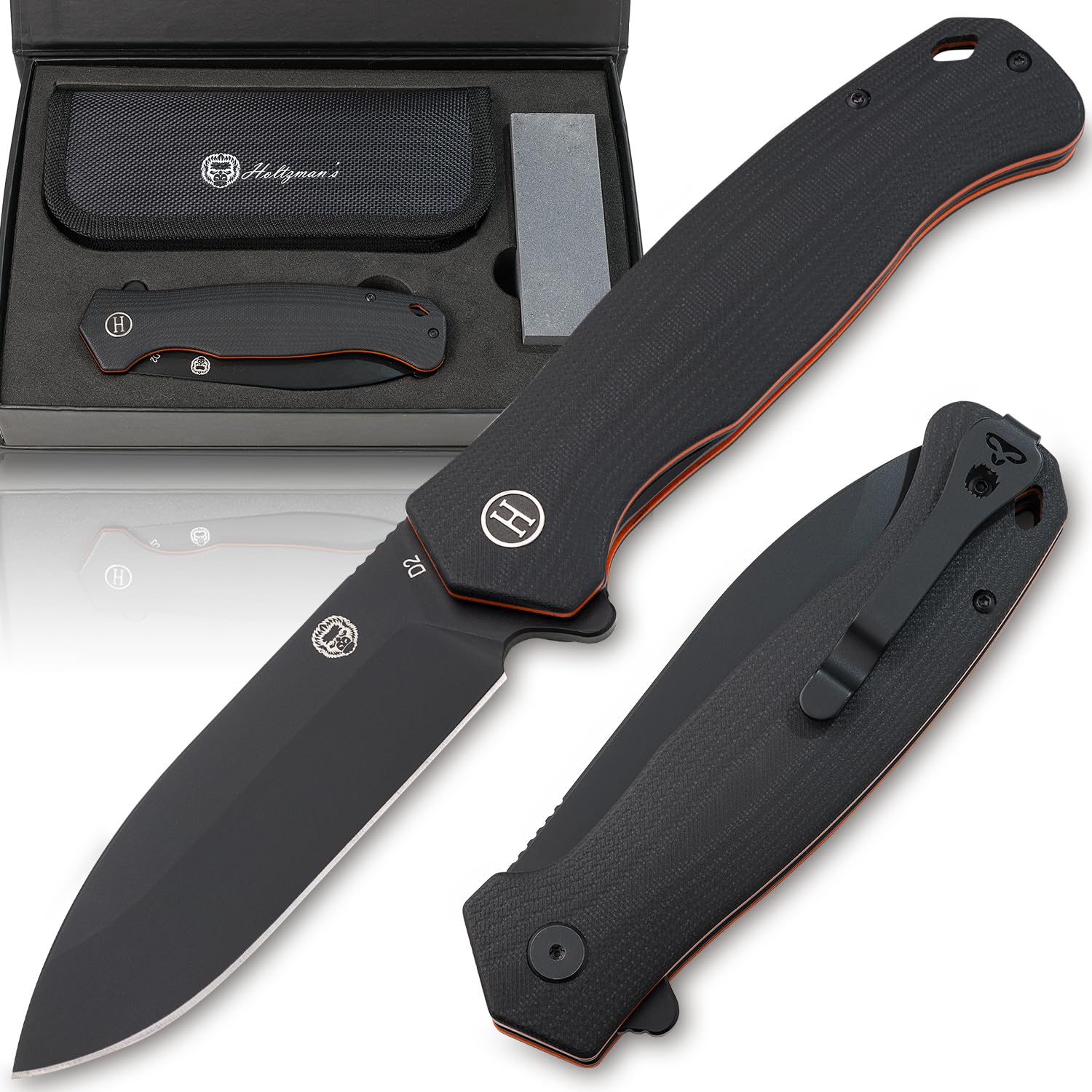 Holtzman's Gorilla Survival 'Wild Trail' Folding Knife featuring D2 Steel Blade with G10 Tactical Handle in Gift Box Set (Black+Orange)