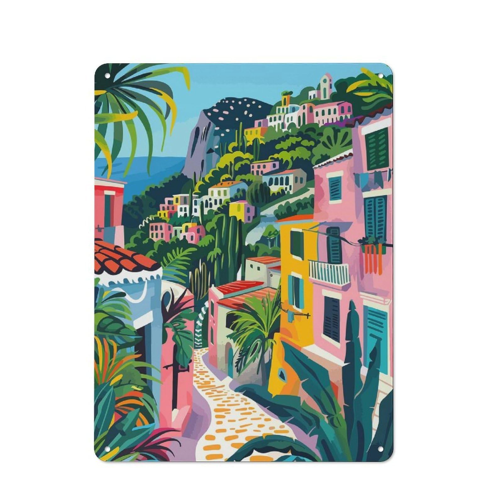 Junmoney Mediterranean Village Capri Italy Tin Wall Plaque 40X30cm, Rustic Farmhouse Wall Decor For Dining Room, Cafe, Entryway Or Family Room