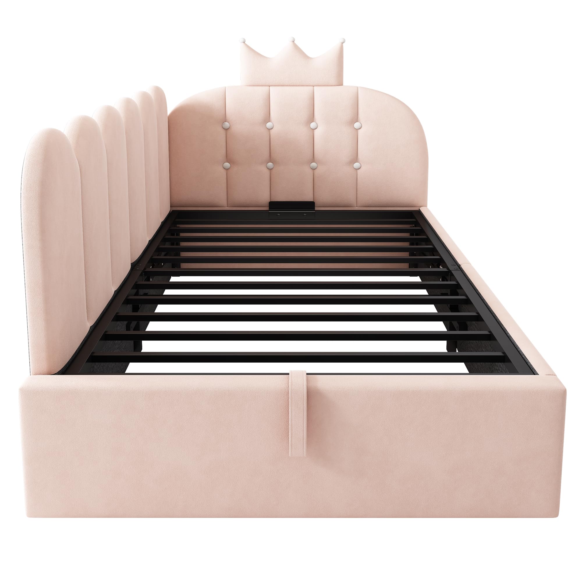 Mrwoo Cama día 90x190 cm con Almacenamiento Hidráulico, Sofá Cama con Diseño de Corona y Rejilla, Cama Infantil, Terciopelo, Rosa(Sin Colchón)