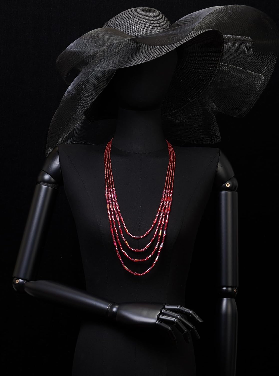 COOLSTEELANDBEYOND Fabulous Red Crystal Beads Statement Necklace Multi-Strand Long Chains Layered Necklace - Image 2