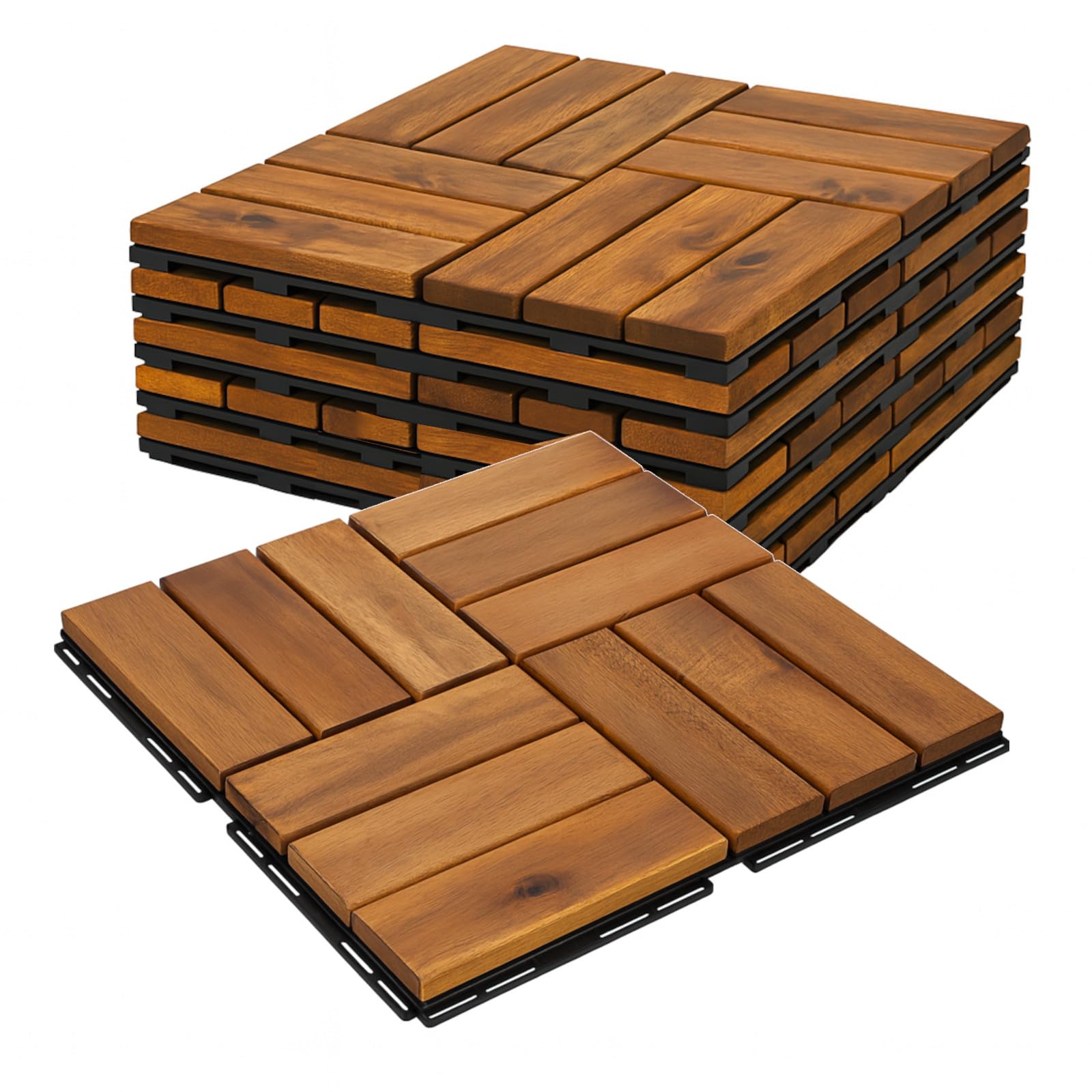 6m² Holzfliesen Terrassenfliesen Holz Fliesen Mosaik 30x30 cm - 66 STK Balkonfliesen wetterfest aus Akazienholz mit Klicksystem für Terrasse Balkon Stecksystem
