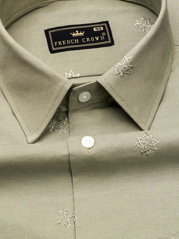 Image of FRENCH CROWN Men's Green Linen Regular Fit Full Sleeves Casual Shirt