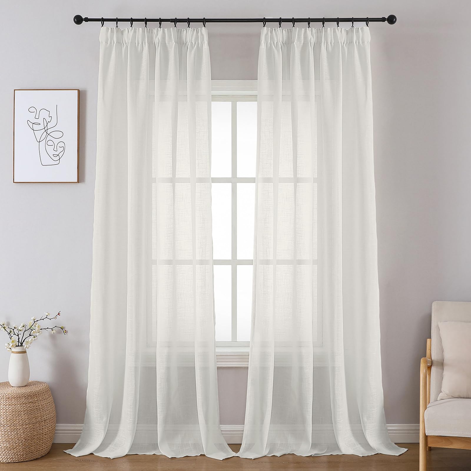 Joydeco Lot de 2 Rideaux Voilages Ivoire 140x245 cm pour Rail Plafond, Voilage Semi-Transparent Effet Lin avec Galon Fronceur pour Décoration Interieure et Filtrage de Lumière (sans Crochets)