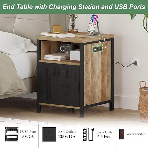 Miniatura 4 de FATORRI Mesa auxiliar con almacenamiento, mesa auxiliar rústica para sala de estar, mesitas de noche estrechas de madera y metal con puerta (roble