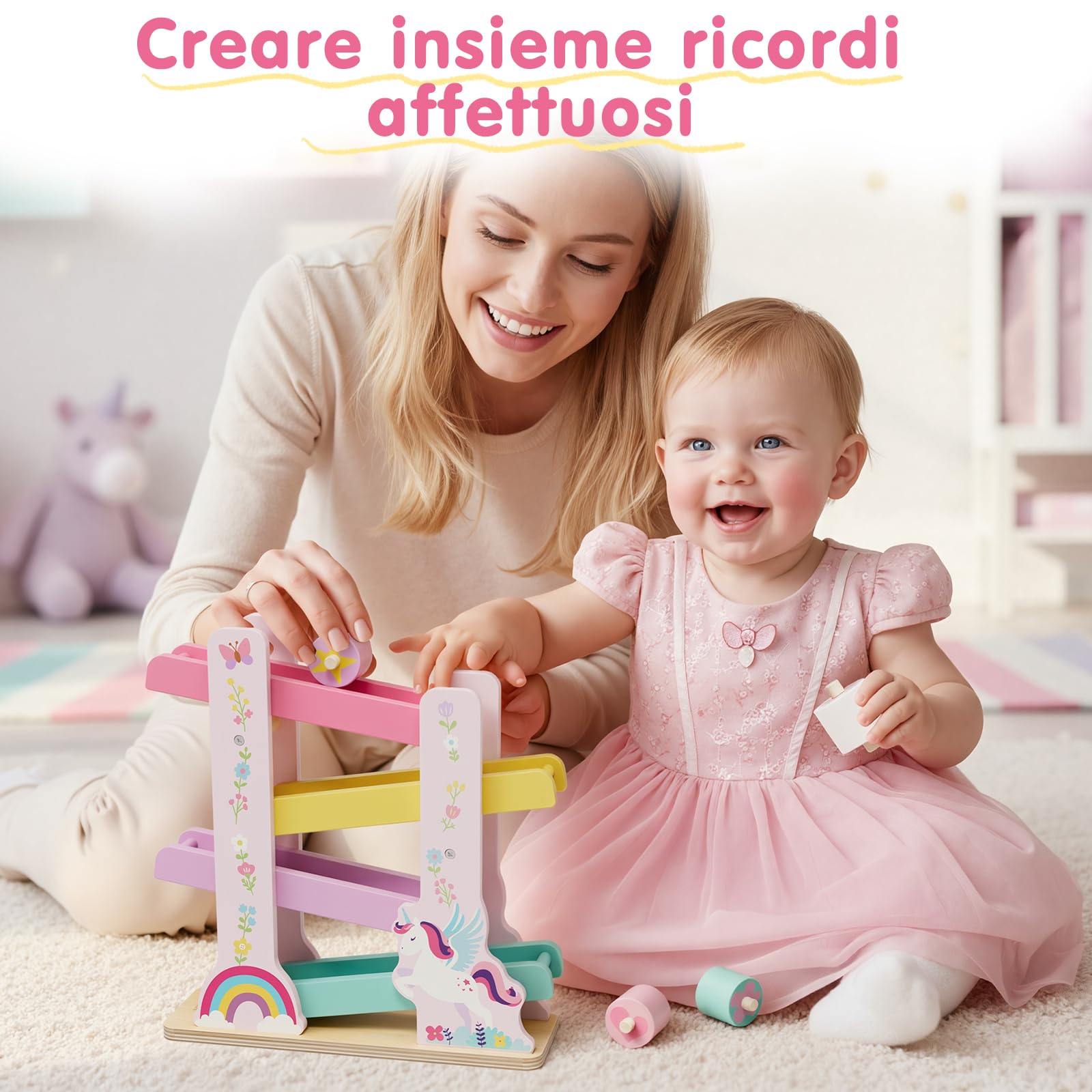 Lehoo Castle Giocattoli Montessori 1 Anno, Rampa in Legno Unicorno per Bambina, Pista con 4 Roller, Gioco Educativo in Legno, Regalo Bambina 1 2 Anni