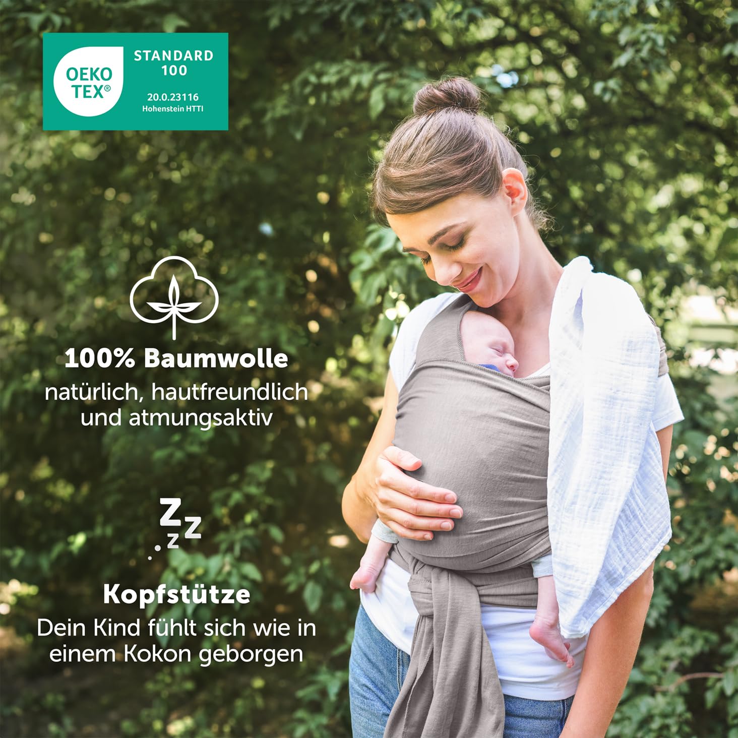 Laleni Tragetuch Baby neugeboren bis 15 kg aus weicher Baumwolle - Babytrage Neugeborene ab Geburt - OEKO-TEX zertifiziertes Tragetuch Kleinkind - Wickeltuch Baby 5,10 m Länge - Baby Wrap in Hellgrau.