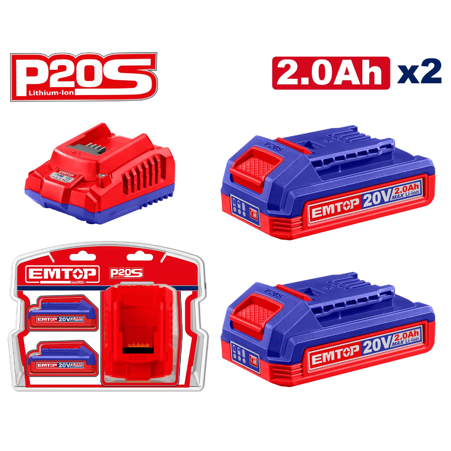 EMTOP - Set Cargador Rapido y 2 Baterias Litio 20V 2,0 Ah Sistema P20S | para Recarga de Baterías Compatibles | Compatible con Toda la Gama del Sistema
