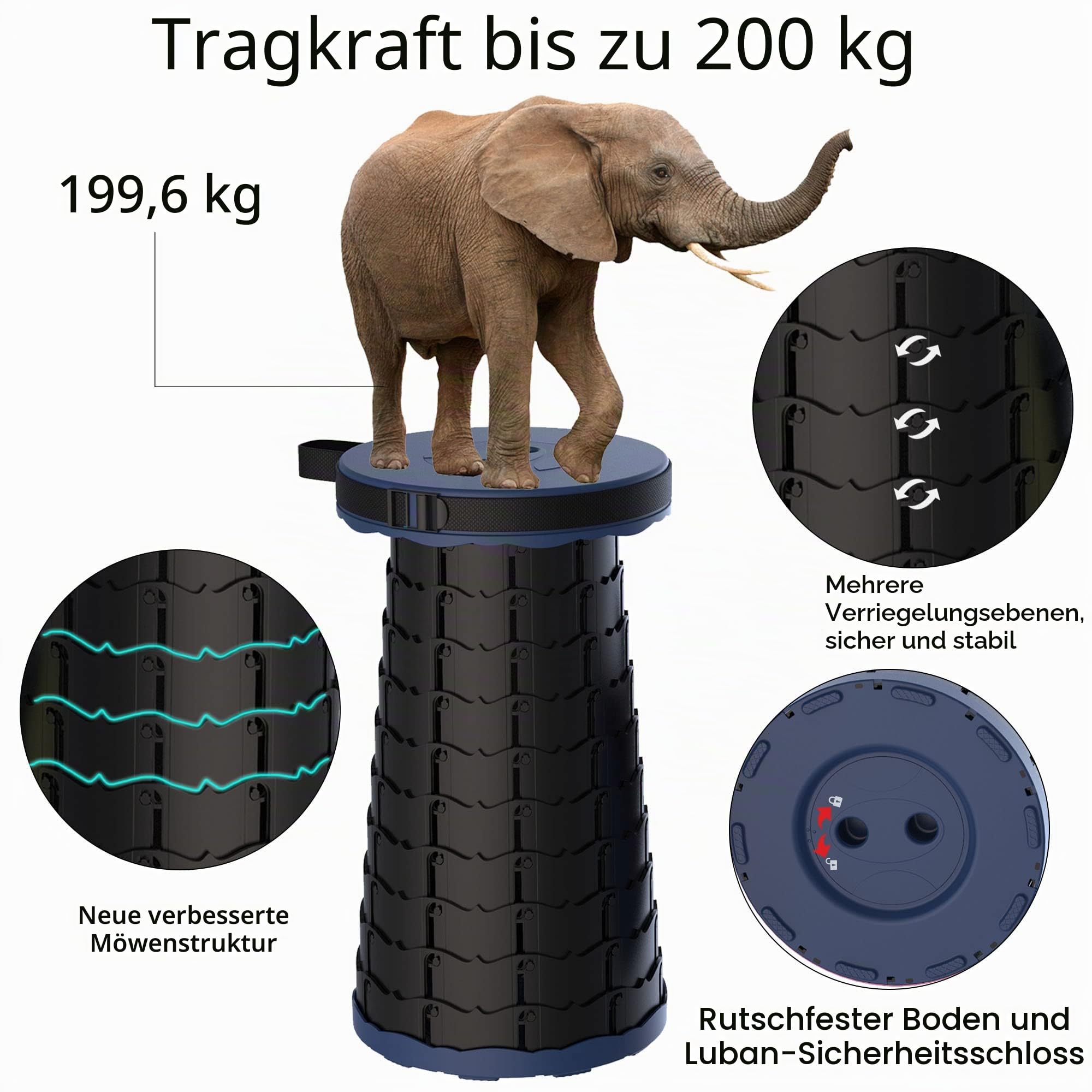 Teleskophocker,Zusammenklappbar, leicht und tragbar, Hocker für Erwachsene, Camping-Hocker für Wandern, Angeln, Reisen, Grillen, maximale Belastung 440lbs
