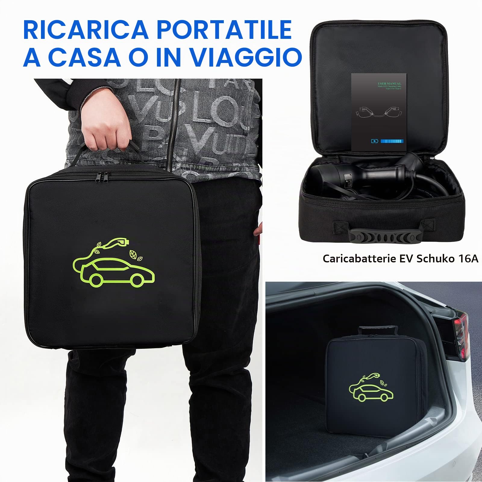 Cavo Ricarica Auto Elettrica Tipo 2 16A 3.6KW Schuko 5 metri Portatile Regolabile Standard Europeo con Scatola di Ricarica Commutabile impermeabile IP66 con Borsa (Nero)
