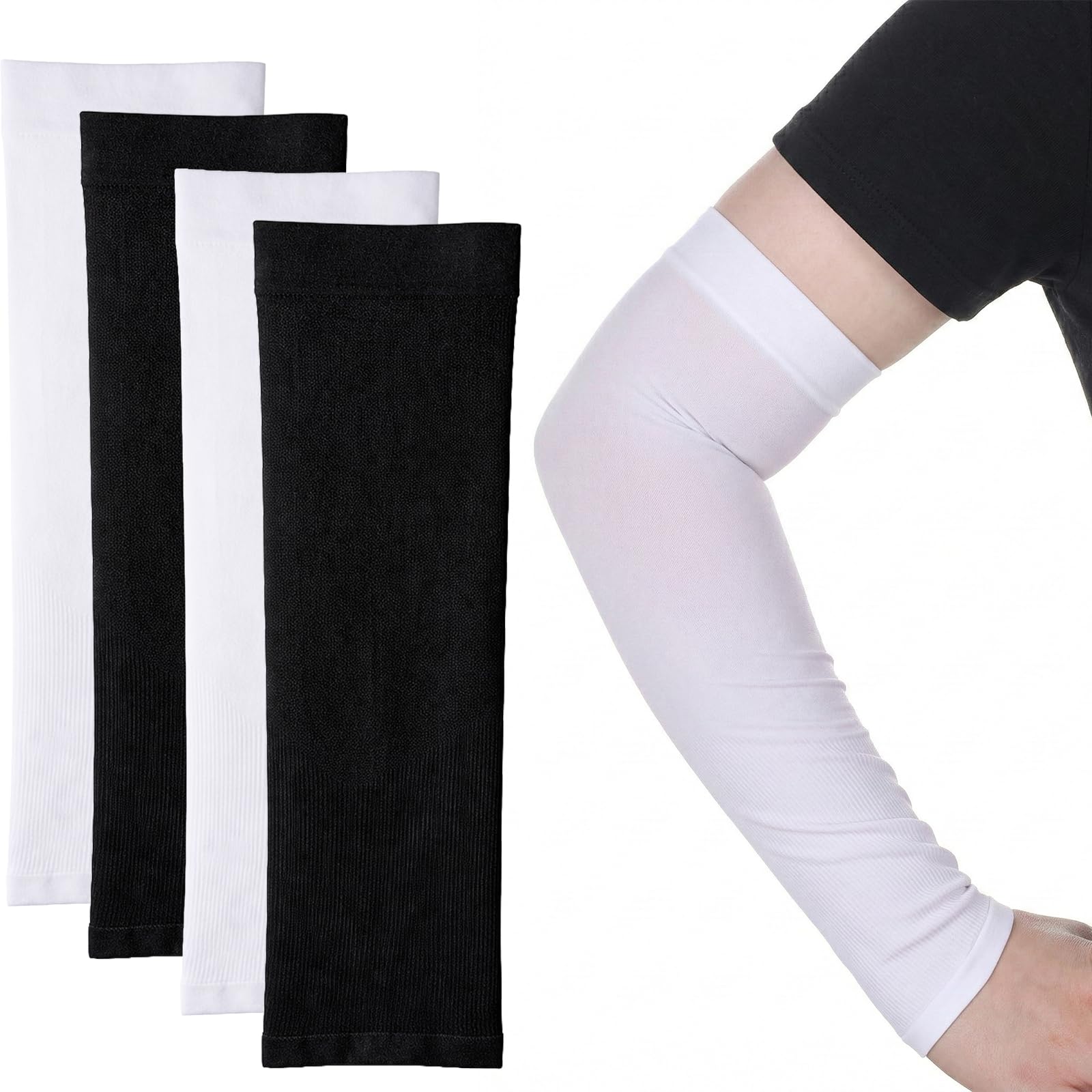 Photo 1 of 2 Pairs Sun Sleeves, Aftercare UV Protection Cover Sleeve Elbow Sleeves for Women Men for Volleyball Basketball Sports Workouts Cycling Driving (Black, White)