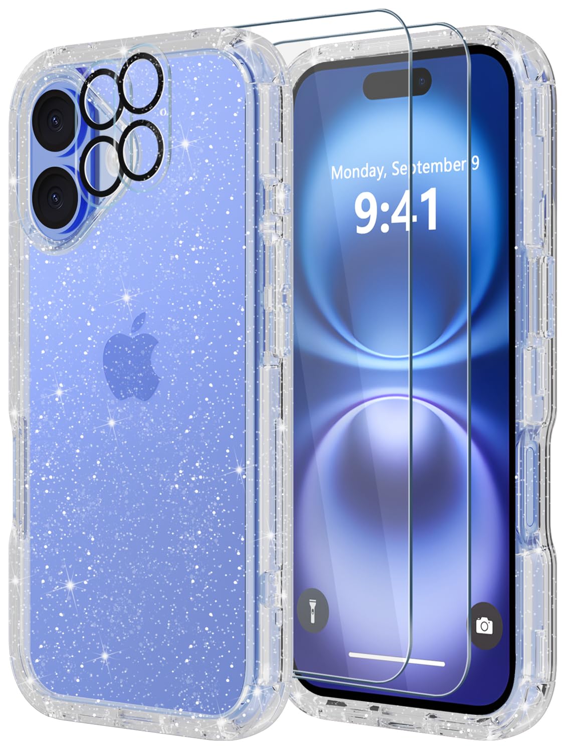 Diverbox for iPhone 16 Plus Case [Shockproof] [Dropproof] [Tempered Glass Screen Protector + Camera Protectors] Heavy Duty Protection Phone Case Cover for Apple iPhone 16 Plus (Glitter Clear)