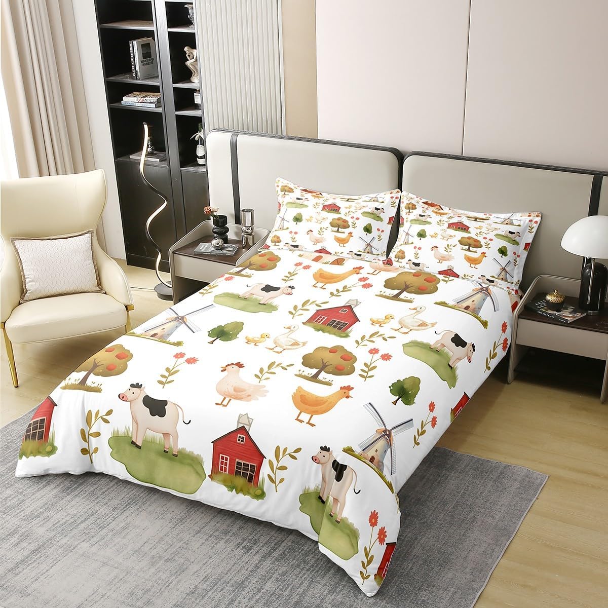 Manfei Rustic Farm Life Full Size Cotton Duvet Cover,Farmhouse Cabin Apple Trees Botanical Leaves Quilt Cover(No Filler),Cute Animal Cow Duck Chicken White Comforter Cover for Kids Adults Bedroom