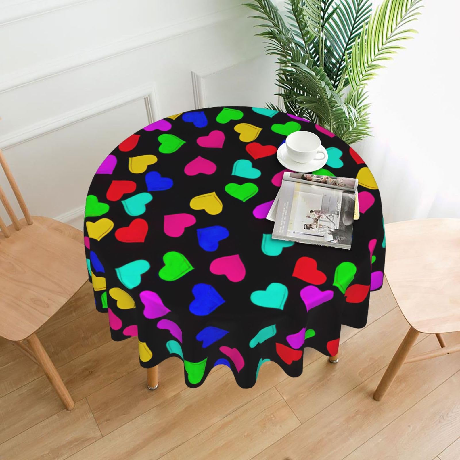 Uusnwaa Rainbow Hearts Print Round Tablecloth 60 Inch, Stain Wrinkle Resistant Washable Polyester Table Cover For Kitchen Party