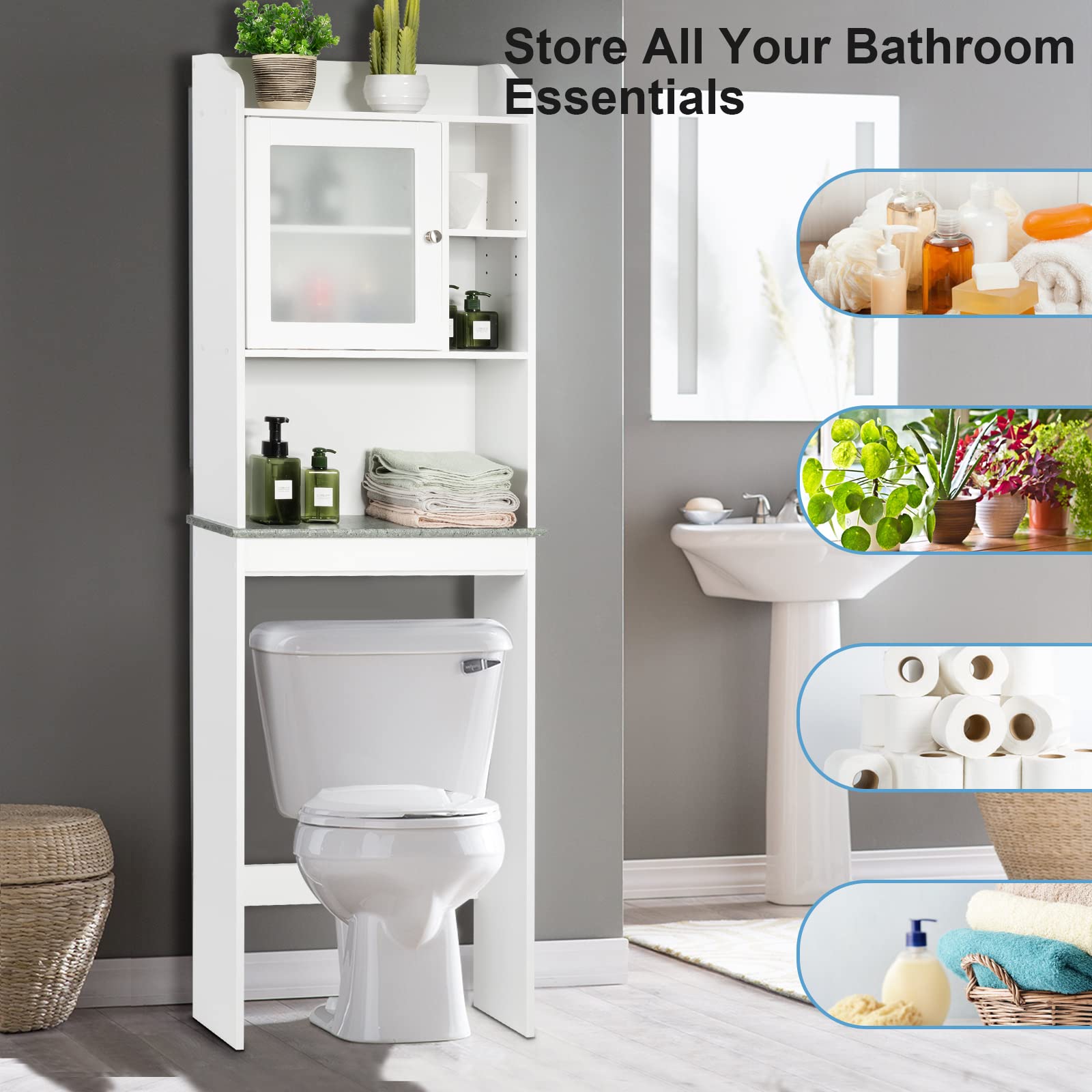 LIFEZEAL Armario para el Inodoro, Organizador sobre WC con Puerta de Cristal Satinado Templado con 4 estantes, Armario de baño Que Ahorra Espacio, 59,5 x 19 x 173cm