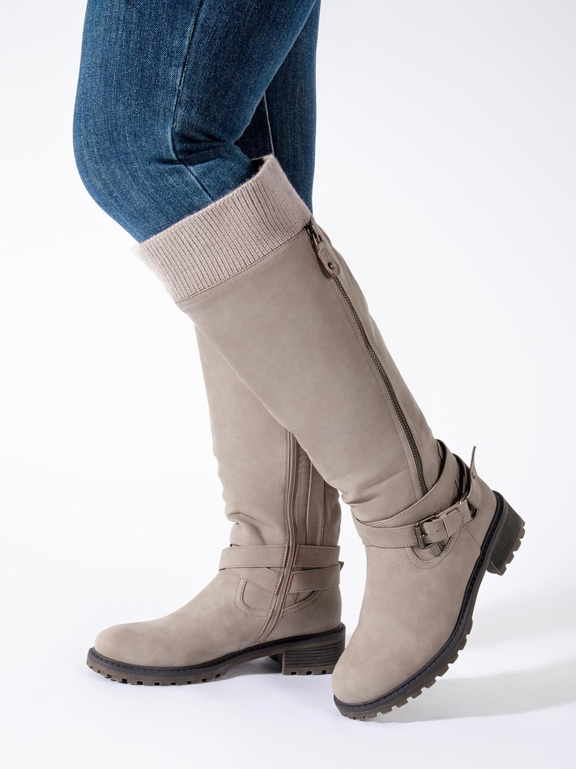 Shoe'N Tale Women's Wide Calf Knee High Boots Stretchy Low Heel Round Toe Winter Boots with Side Zipper - Image 2