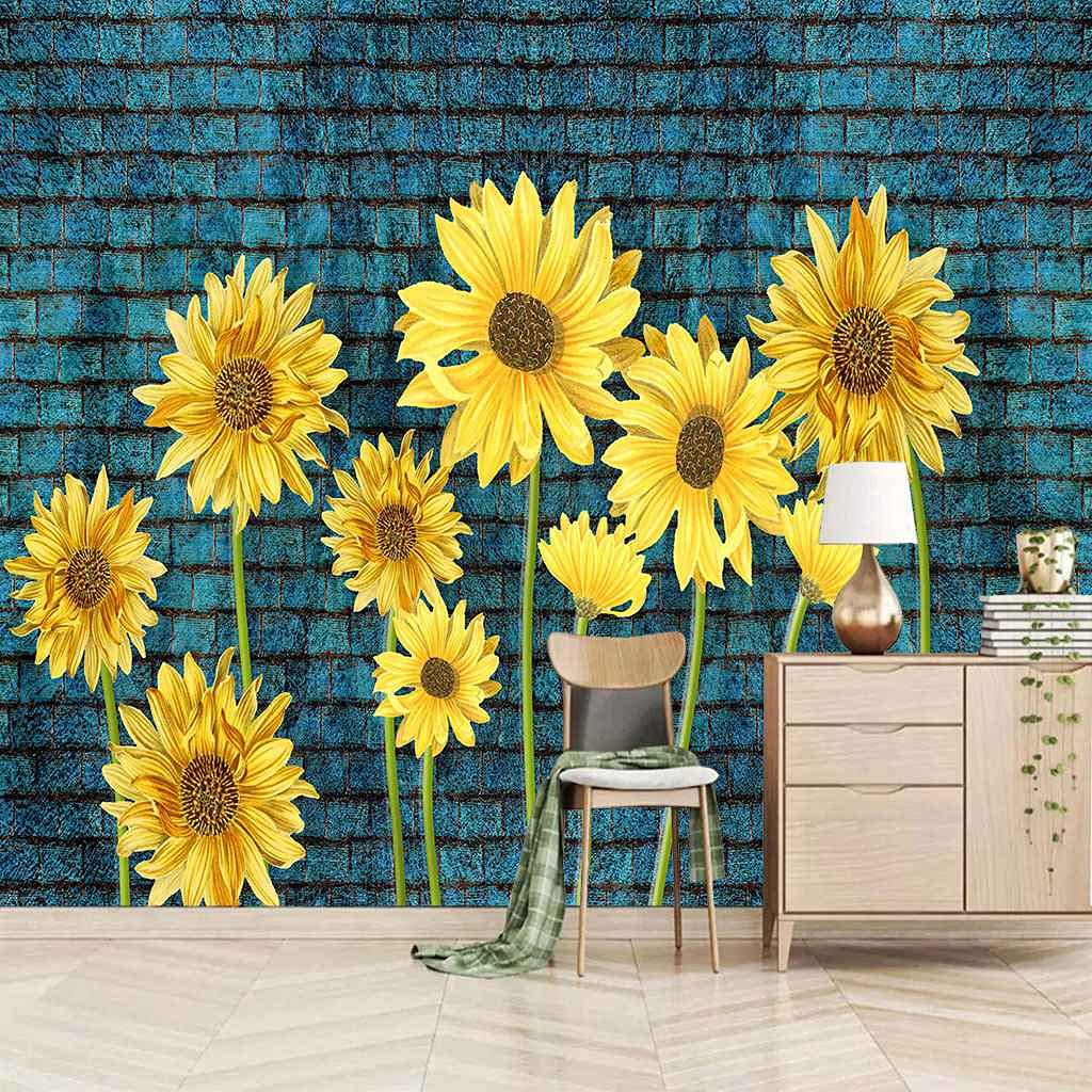 Papier peint 3D tournesols briques bleues poster mural 150x105 cm