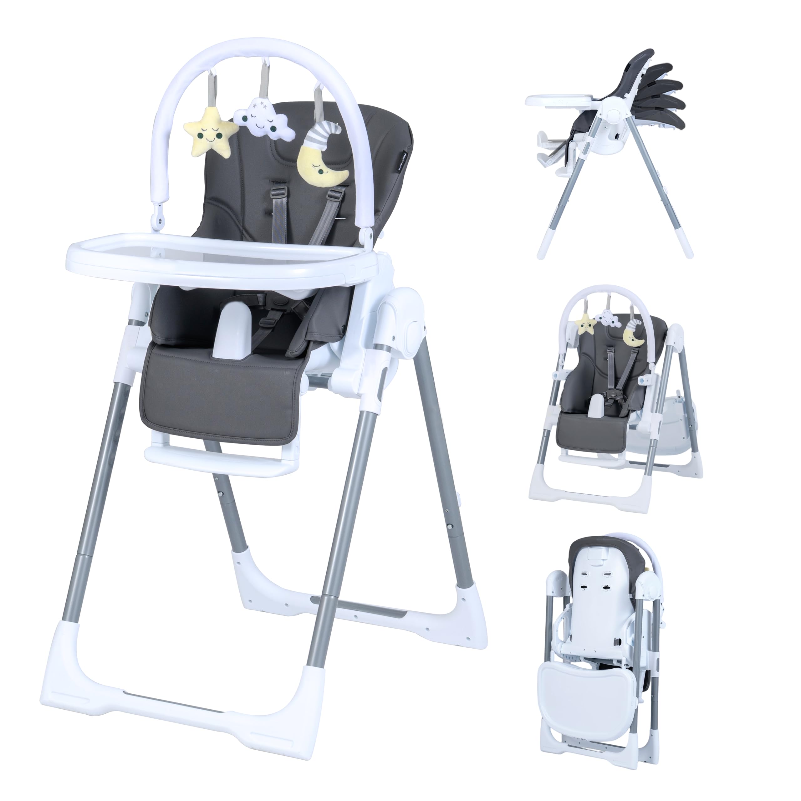 LIFEZEAL Trona Evolutiva para Niños de 6 a 36 Meses, Silla Alta Plegable Reclinable con Altura Ajustable, Cinturón de Seguridad de 5 Puntos, Doble Bandeja Extraíble y Ruedas (Gris oscuro)