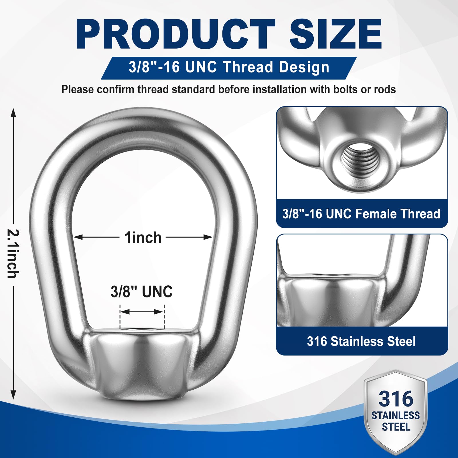 Hicarer 4 dadi a occhiello per sollevamento in acciaio inox 316, 1 cm-16 UNC, per cavi di sollevamento e collegamento a catena