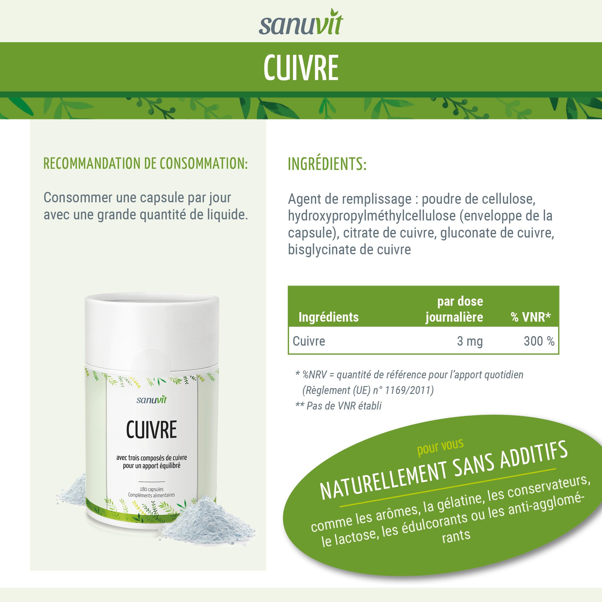 Sanuvit® - Cuivre 3 mg | 180 gélules | Haute biodisponibilité | Citrate de cuivre à haute dose avec 3 mg de cuivre de haute qualité par capsule | Végétalien