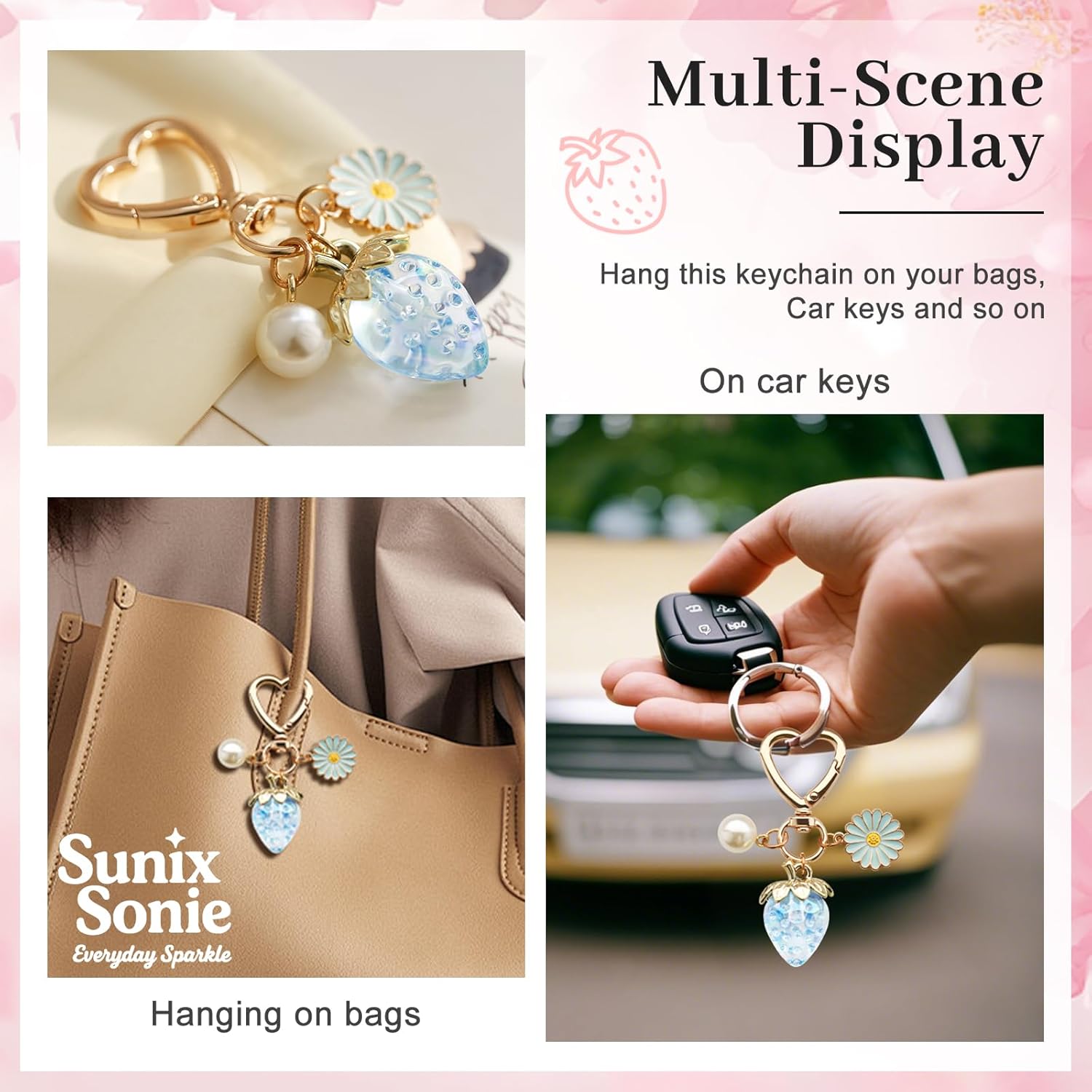 Strawberry Keychain Cute Bag Purse Charms Pearl Flower Daisy Keychains Strawberry Accessories for Women Girls Gift - Image 3