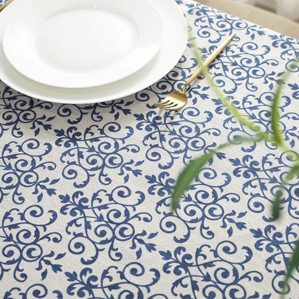 AMZALI Vintage Washable Cotton Linen Fabric Navy Damask Pattern Decorative Macrame Lace Rectangle Tablecloth Dinner Picnic Table Cloth Home Decorative Table Cover Assorted Size (55 Inch x 87 Inch)