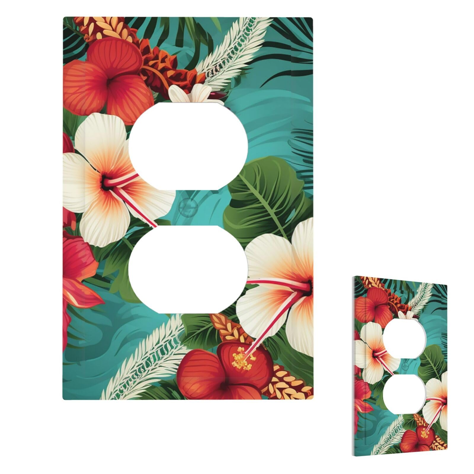 Hawaiian Flowers On Green Background Wall Plate Cover Modern Decorative 1 Gang Light Switch Cover Unbreakable Receptacle Outlet Covers For Living Room Bedroom Home Decor Duplex