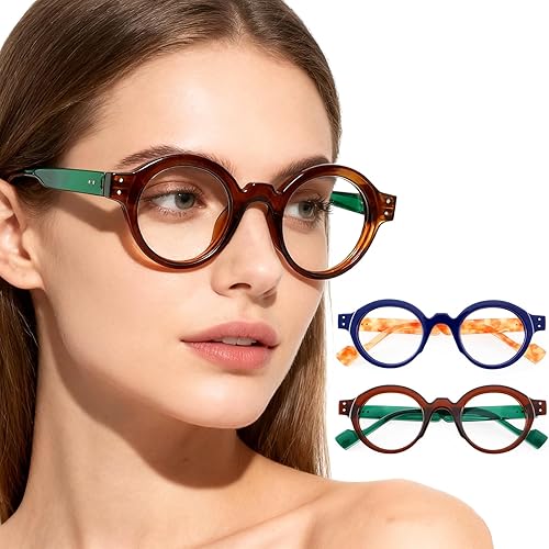 AJYADO Gafas de lectura redondas retro para mujer, bloqueo de luz azul, paquete de 2 unidades, para mujeres y hombres irrompibles