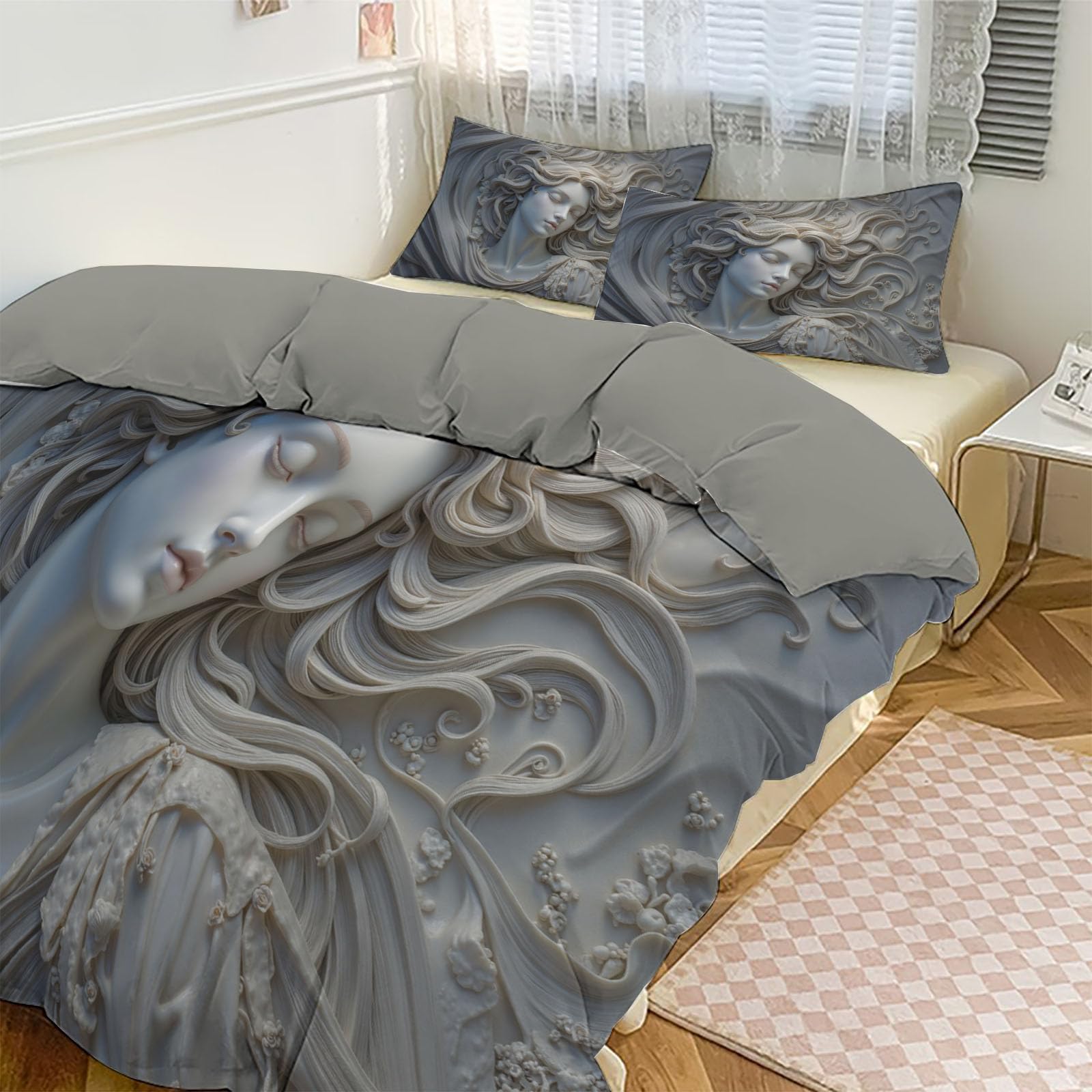 Housse de couette 220x240 gris avec parure de lit 3 pièces en relief médiéval