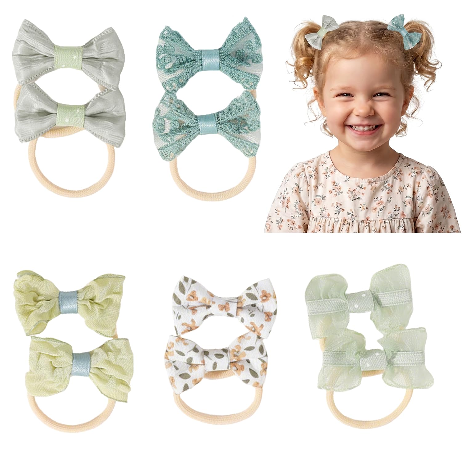 10 Pcs Baby Hair Bands, Bow Toddler Hair Bobbles Soft Baby Hair Ties Elastic Girls Ponytail Holders for Girl Kids Toddlers Infants (Green)