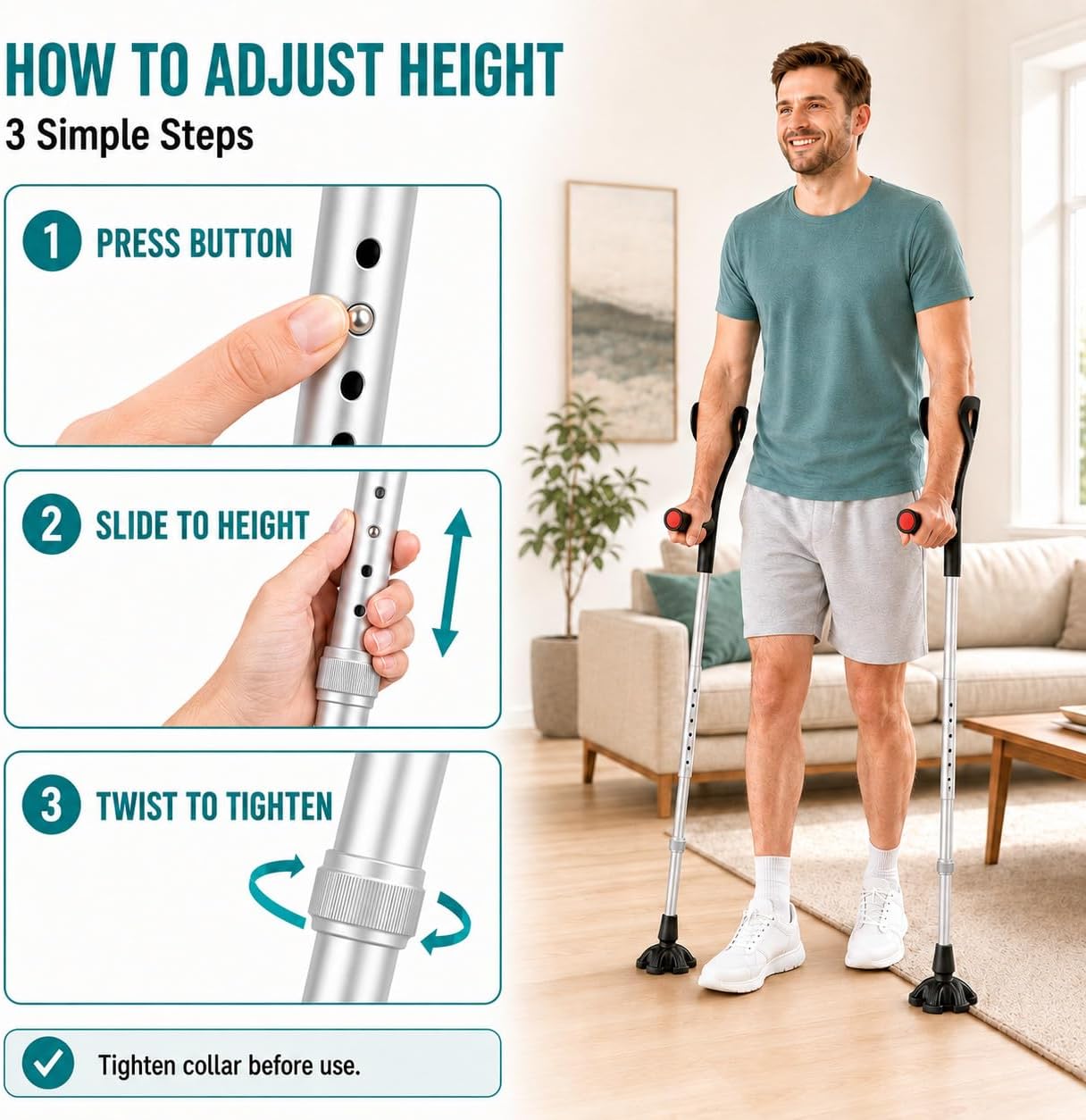 Foldable Forearm Crutches for Adults, 1 Pair, 4.4-Inch Wide Base | Self-Standing Design, 20.5-Inch Folded Size, Soft Padded Grip, 12 Height Settings, Aluminum, Supports 300 lbs