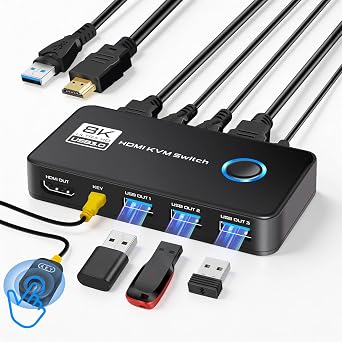 USB 3.0 KVM Switch 1 Monitor 2 Computers - 8K@60Hz 4K@120Hz HDMI 2.1 KVM Switches with 3 Ports for Sharing Monitor Keyboard Mouse Hard Drives and Printer Includes 2 HDMI & USB Cables and Controller