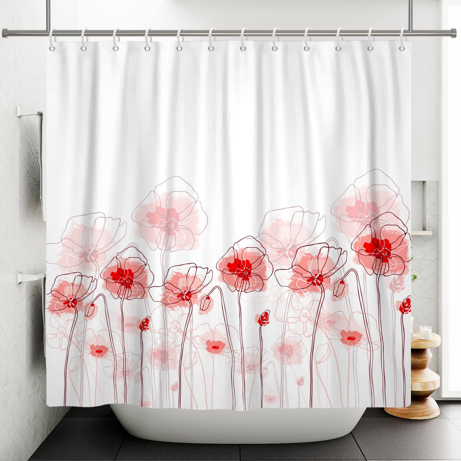 Ttincceer 72x74inch Abstract Flower Shower Curtain Red Watercolor Flower Shower Curtain Simple Abstract Line Flowers Bathroom Art Curtain Washable Bathtub Curtain