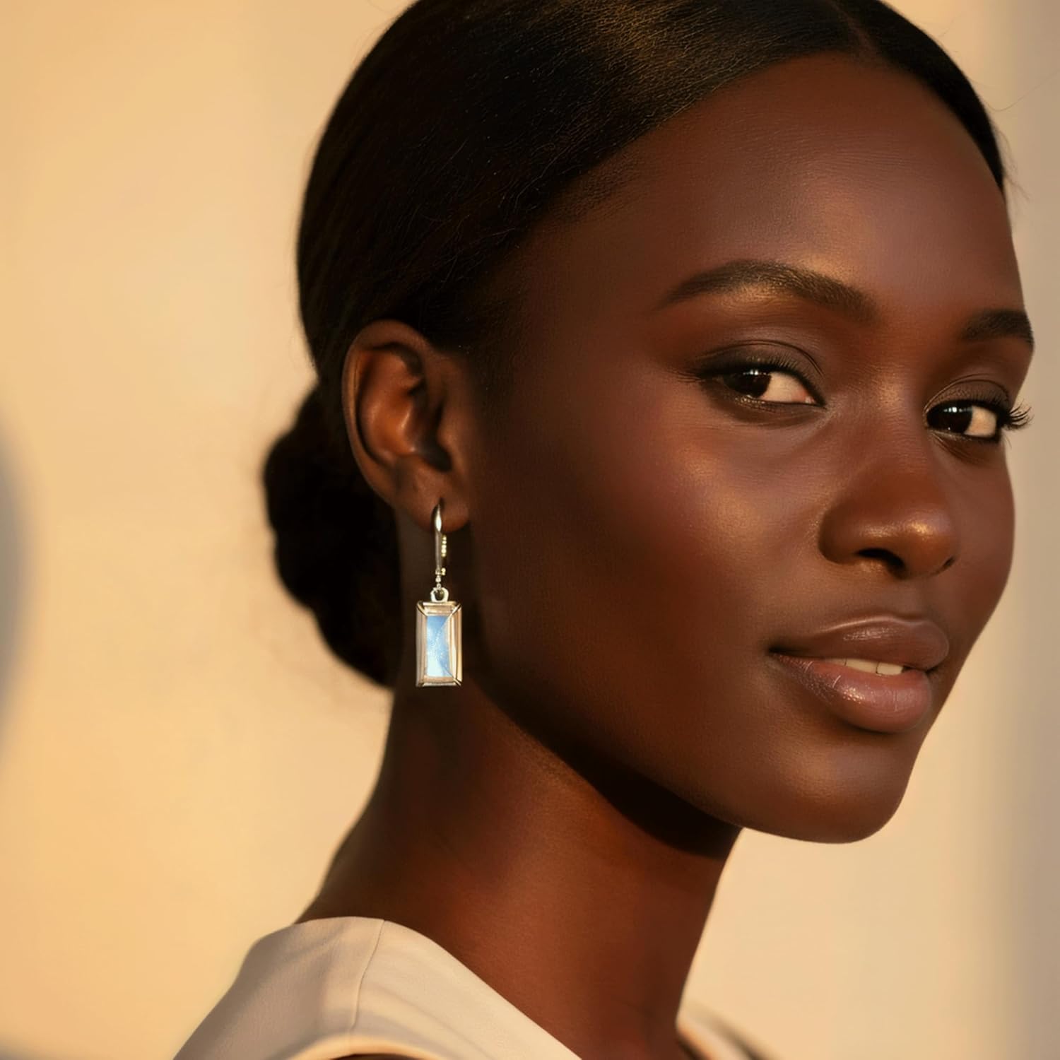 Moonstone Earrings 925 Sterling Silver Rectangular Moonstone Dangle Drop Earrings Natural Gemstone Jewelry for Women - Image 2