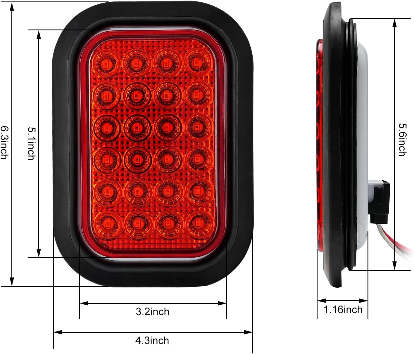6PCS 5x3 Inch 24 LED 4 Red Stop/Turn/Tail/Lights 2 White Backup Reverse Lights Rectangle Truck Trailer Tail Lights w/Grommets & 3 Wire Pigtail Plug