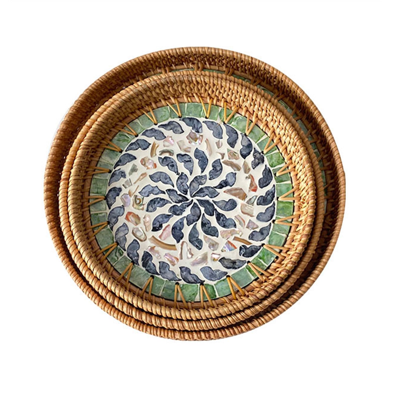 RUDHSJNJK 3 Packs Round Rattan Tray with Mother of Pearl Inlay Decorative Woven Serving Tray for Bread Fruit Food Coffee Breakfast,7