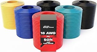 GS Power 300ft 18 Gauge Wire Oxygen Free Pure Copper Primary Wire, 50ft Roll, 6 Colors, OFC 12v 18AWG for Automotive Audio Video Electric Trailer Stereo RC Car Home Theater LED Lamp Wiring Electrical
